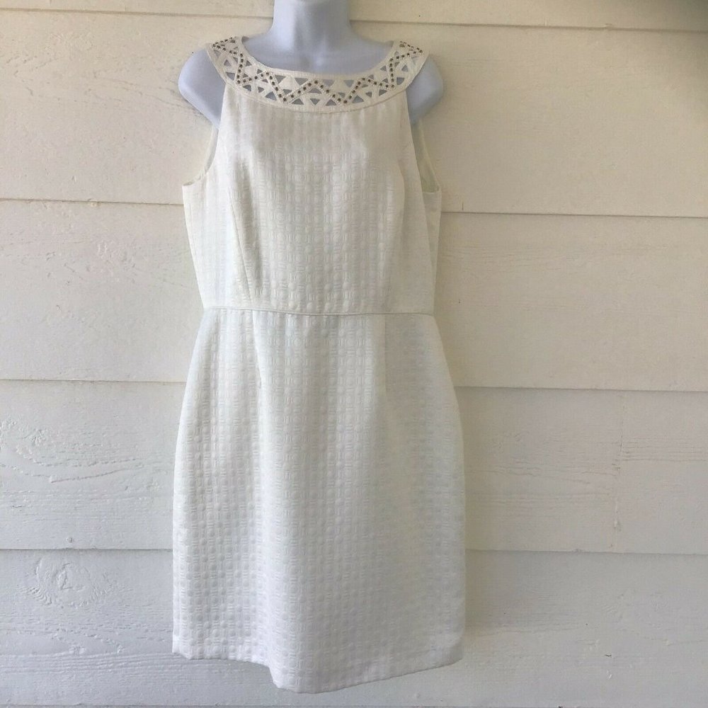 Antonio Melani Women's Size 10 Ivory Sheath Lined Dress Lattice Beaded Neckline - Picture 1 of 12